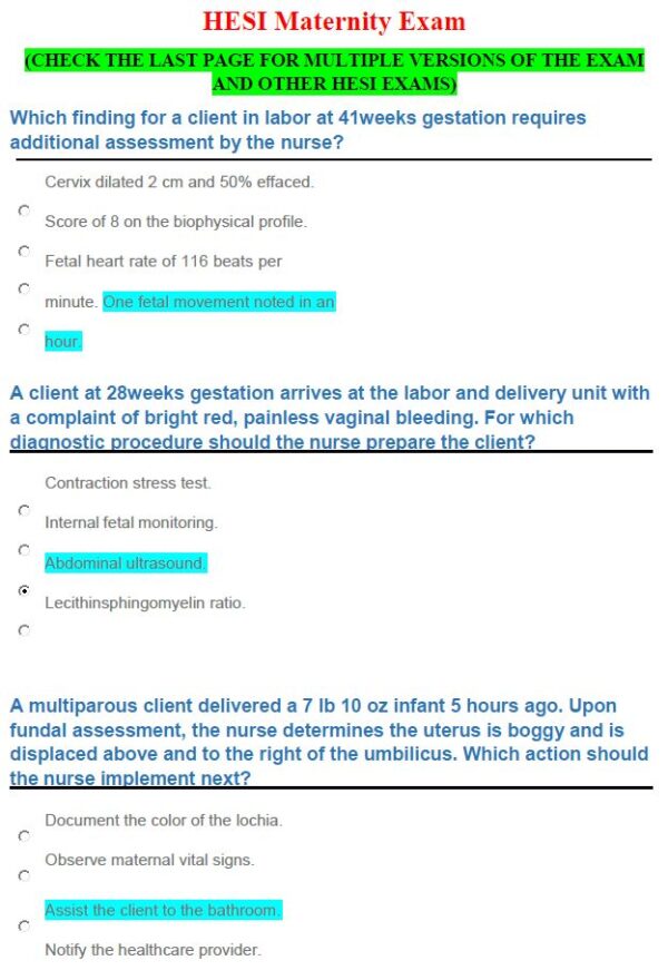 HESI Maternity Exam 2023 Maternity HESI Exam 2023