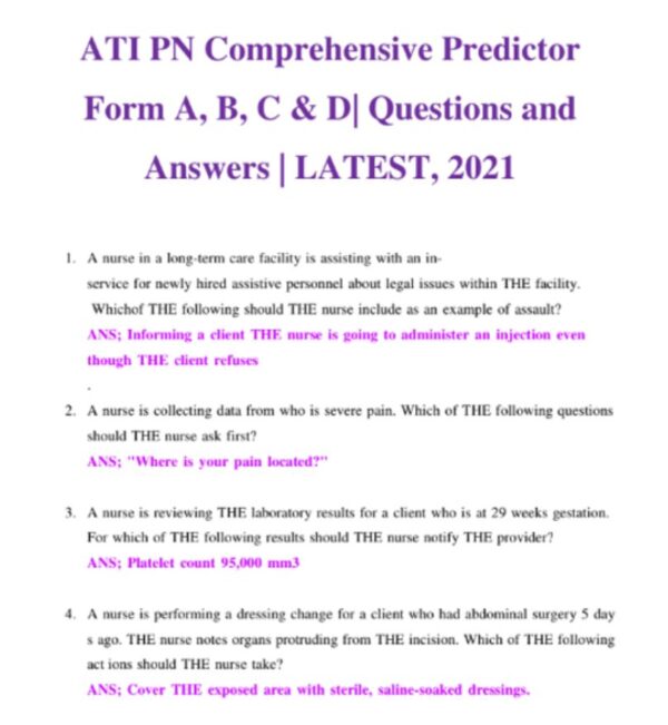 ATI PN Comprehensive Predictor Form A B C & D Questions and Answers  LATEST 2021